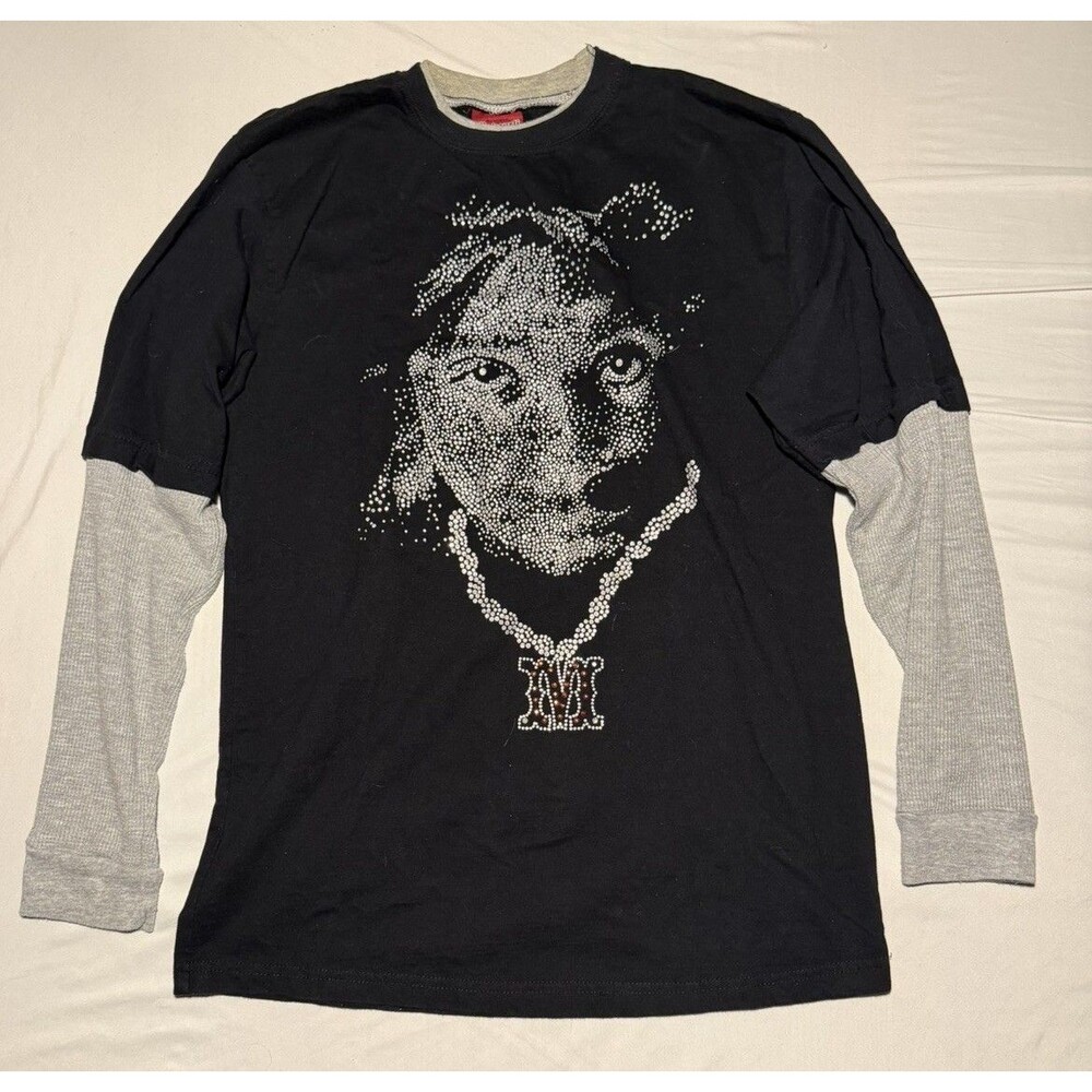 vintage black Makaveli 2Pac Shakur long-sleeve graphic shirt w/ grey thermal  M